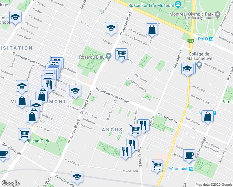map of restaurants, bars, coffee shops, grocery stores, and more near 4513 Boulevard Saint-Michel in Montréal
