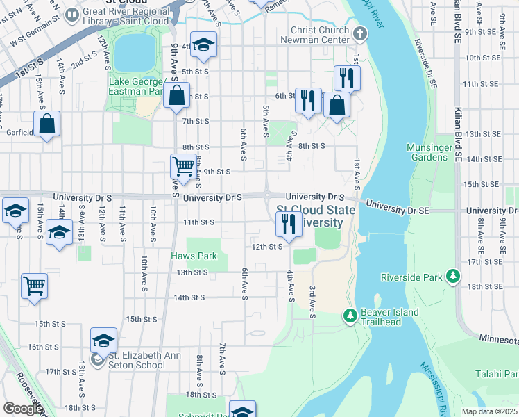 map of restaurants, bars, coffee shops, grocery stores, and more near 1011 5th Avenue South in St. Cloud