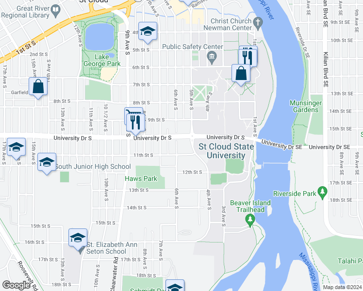 map of restaurants, bars, coffee shops, grocery stores, and more near 1011 5th Avenue South in St. Cloud