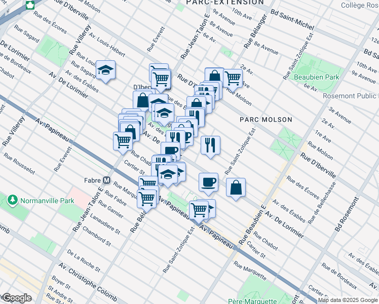 map of restaurants, bars, coffee shops, grocery stores, and more near 6908 Avenue des Érables in Montréal