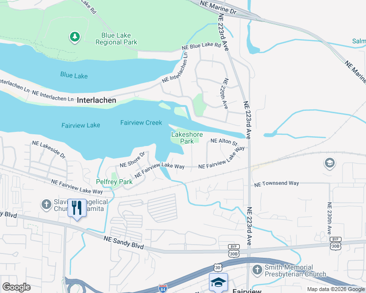 map of restaurants, bars, coffee shops, grocery stores, and more near 3643 Northeast 217th Avenue in Fairview