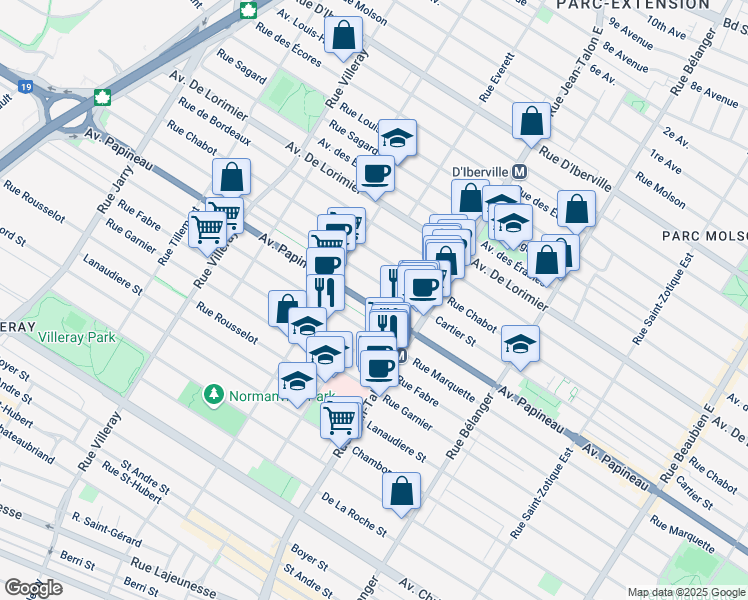 map of restaurants, bars, coffee shops, grocery stores, and more near 7273 Avenue Papineau in Montréal
