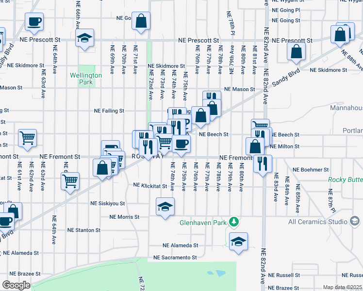 map of restaurants, bars, coffee shops, grocery stores, and more near 3613 Northeast 75th Avenue in Portland