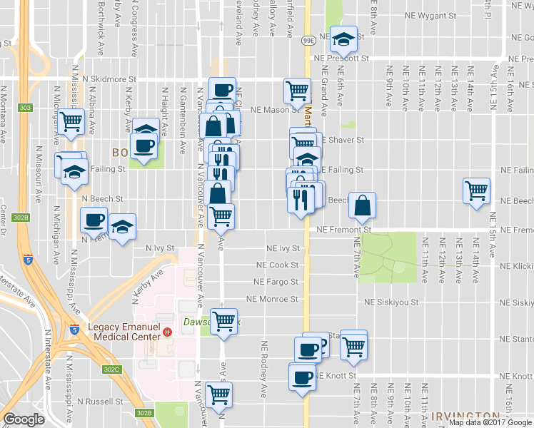 map of restaurants, bars, coffee shops, grocery stores, and more near 3605 Northeast Mallory Avenue in Portland