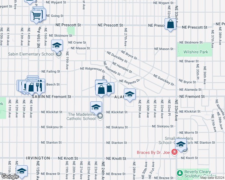 map of restaurants, bars, coffee shops, grocery stores, and more near 3546 Northeast 25th Avenue in Portland