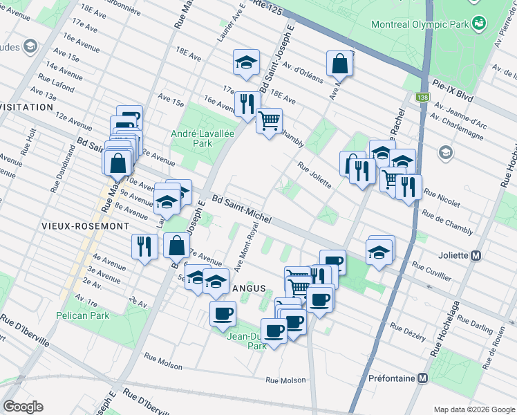 map of restaurants, bars, coffee shops, grocery stores, and more near 4513 Boulevard Saint-Michel in Montréal