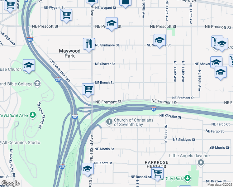 map of restaurants, bars, coffee shops, grocery stores, and more near 3554 Northeast 105th Avenue in Portland