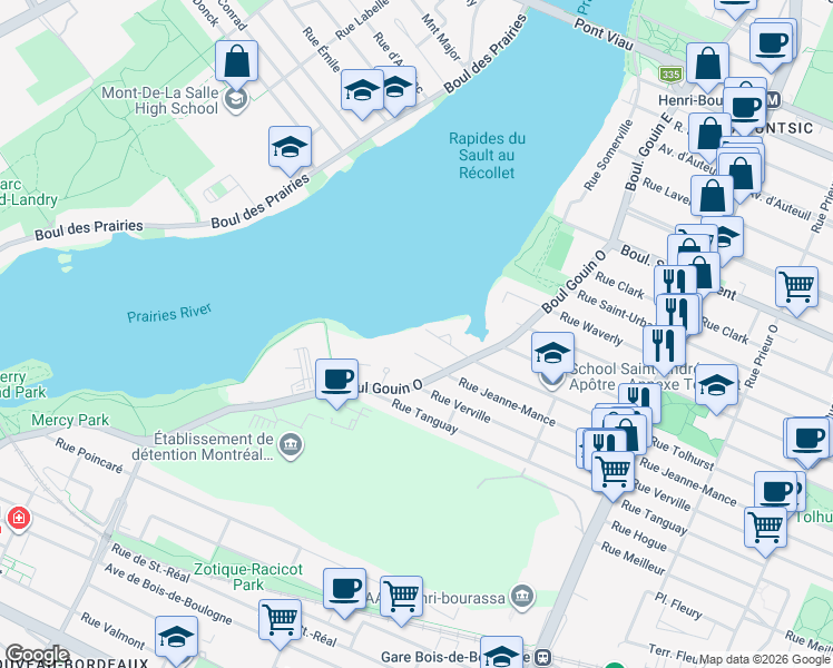 map of restaurants, bars, coffee shops, grocery stores, and more near 11800 Rue Tolhurst in Montréal