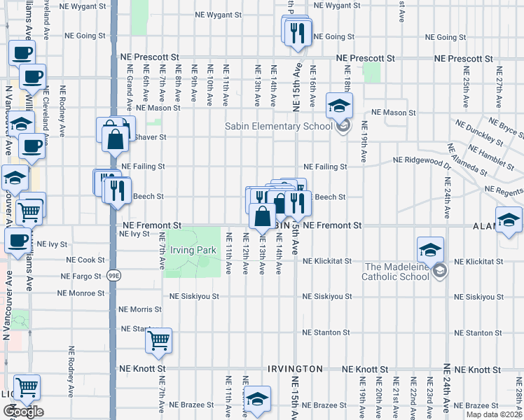 map of restaurants, bars, coffee shops, grocery stores, and more near 3619 Northeast 14th Avenue in Portland