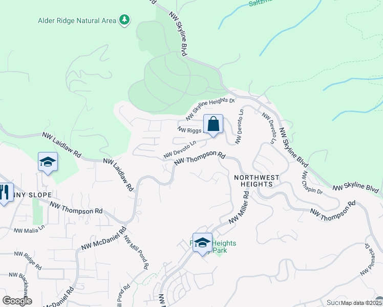 map of restaurants, bars, coffee shops, grocery stores, and more near 4035 Northwest Devoto Lane in Portland
