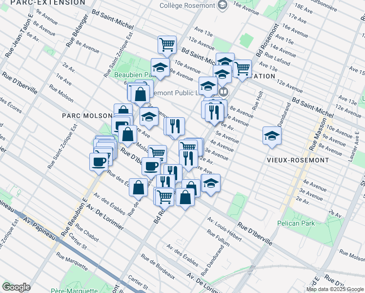 map of restaurants, bars, coffee shops, grocery stores, and more near in Montreal
