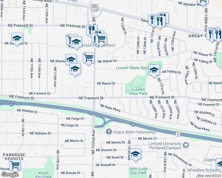 map of restaurants, bars, coffee shops, grocery stores, and more near 3603 Northeast 125th Avenue in Portland