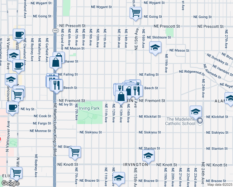 map of restaurants, bars, coffee shops, grocery stores, and more near 3607 Northeast 13th Avenue in Portland