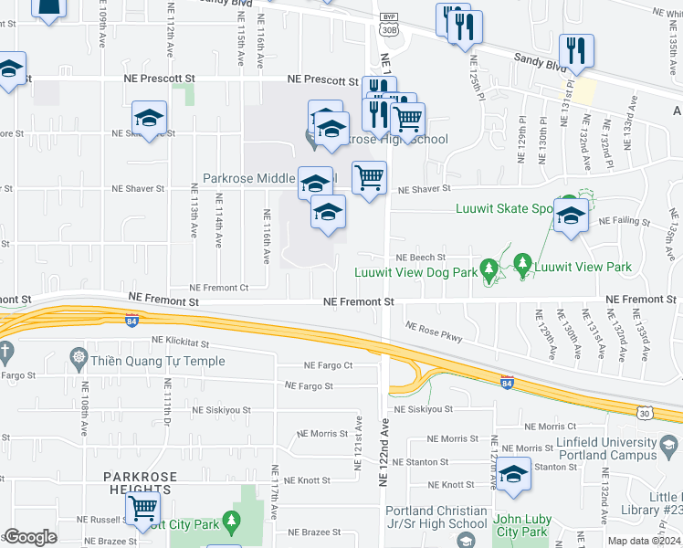 map of restaurants, bars, coffee shops, grocery stores, and more near 3560 Northeast 120th Avenue in Portland