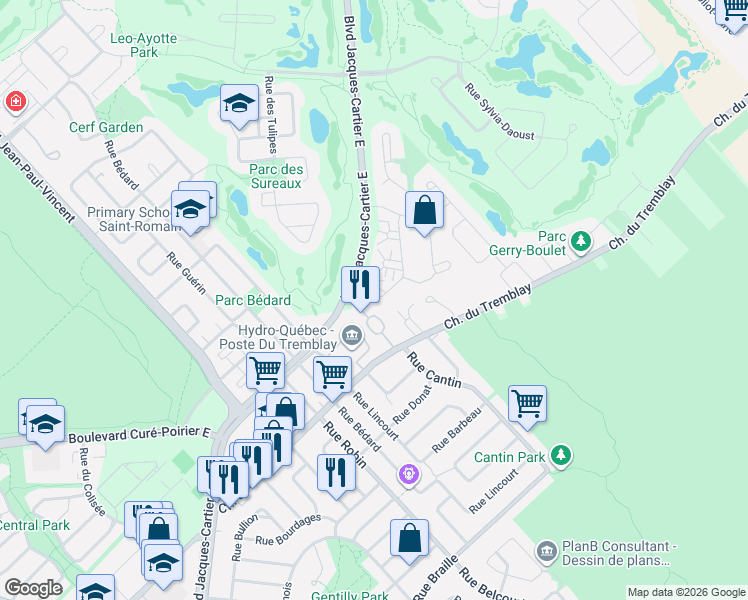map of restaurants, bars, coffee shops, grocery stores, and more near 2097 Rue des Crocus in Longueuil