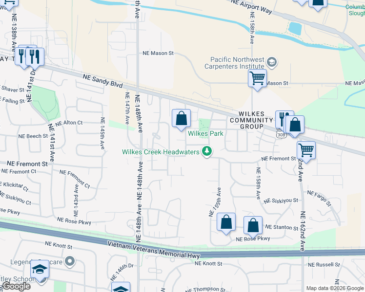 map of restaurants, bars, coffee shops, grocery stores, and more near 3705 Northeast 152nd Avenue in Portland
