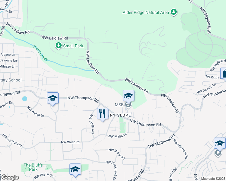 map of restaurants, bars, coffee shops, grocery stores, and more near 3660 Northwest Marcotte Road in Portland
