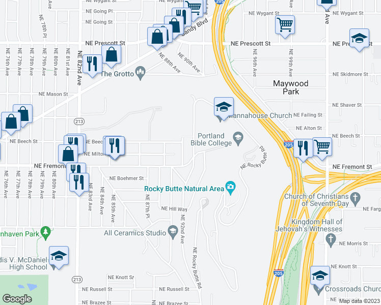 map of restaurants, bars, coffee shops, grocery stores, and more near 3619 Northeast 91st Avenue in Portland