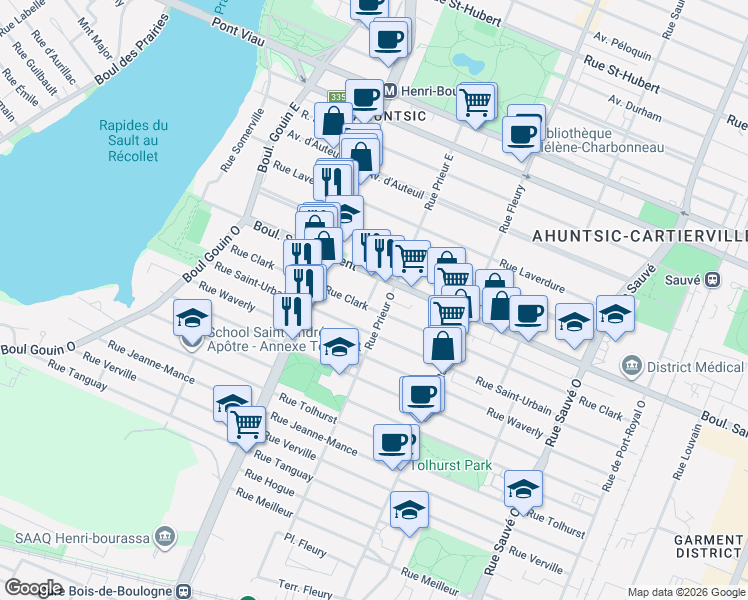 map of restaurants, bars, coffee shops, grocery stores, and more near 36 Rue Leslie Gault in Montréal
