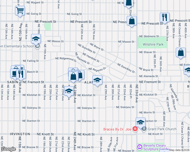 map of restaurants, bars, coffee shops, grocery stores, and more near 3546 Northeast 27th Avenue in Portland