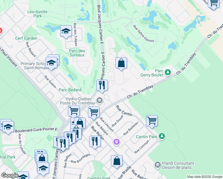 map of restaurants, bars, coffee shops, grocery stores, and more near 2137 Rue des Crocus in Longueuil