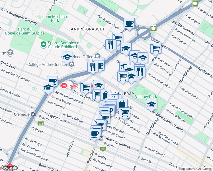 map of restaurants, bars, coffee shops, grocery stores, and more near 1085 Rue Mistral in Montreal