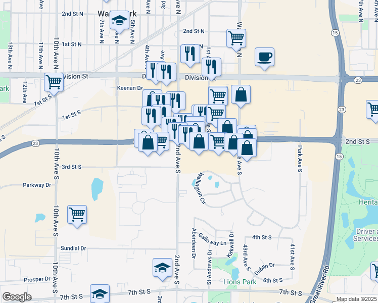 map of restaurants, bars, coffee shops, grocery stores, and more near 234 2nd Avenue South in Waite Park