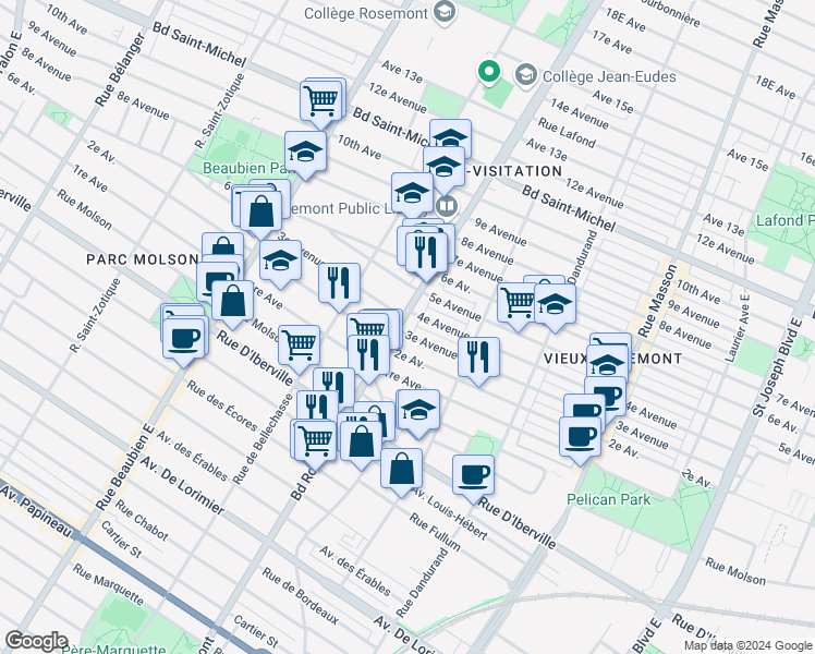 map of restaurants, bars, coffee shops, grocery stores, and more near 2710 Boulevard Rosemont in Montréal