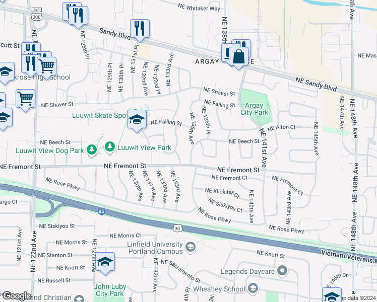 map of restaurants, bars, coffee shops, grocery stores, and more near 3607 Northeast 135th Avenue in Portland