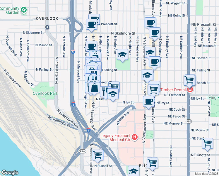 map of restaurants, bars, coffee shops, grocery stores, and more near 3606 North Borthwick Avenue in Portland