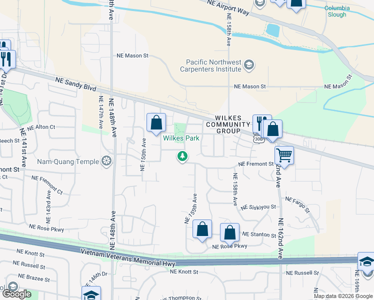 map of restaurants, bars, coffee shops, grocery stores, and more near 3606 Northeast 154th Avenue in Portland