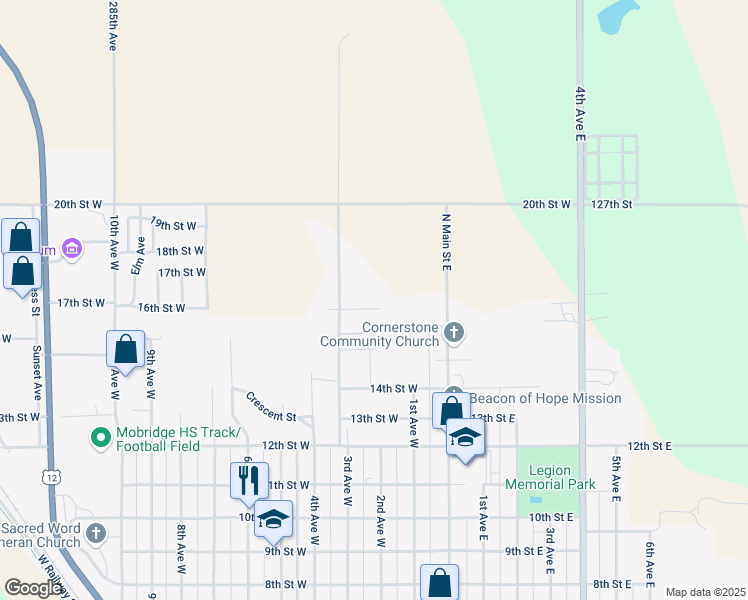 map of restaurants, bars, coffee shops, grocery stores, and more near 208 Farmdale Ct in Mobridge