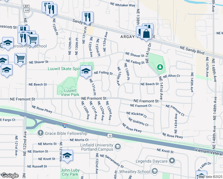 map of restaurants, bars, coffee shops, grocery stores, and more near 3607 Northeast 135th Avenue in Portland