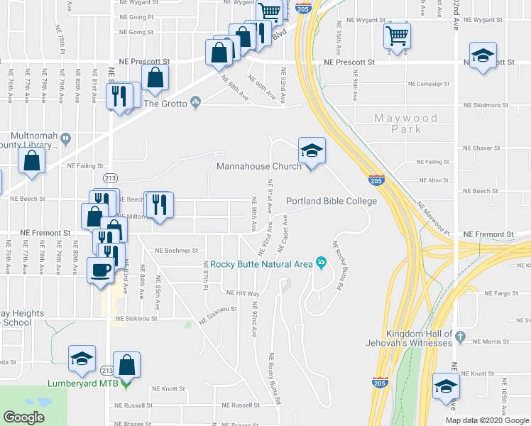 map of restaurants, bars, coffee shops, grocery stores, and more near 3619 Northeast 91st Avenue in Portland