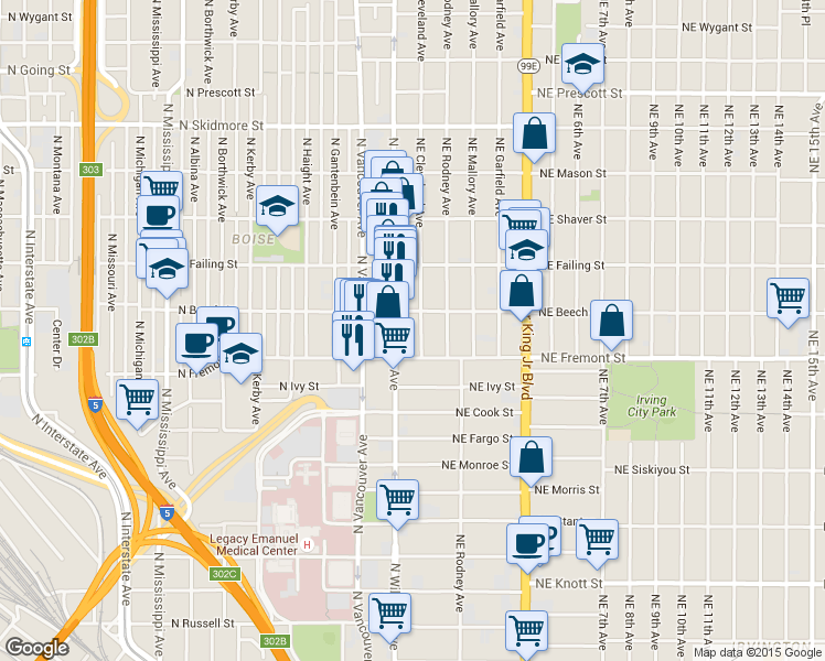 map of restaurants, bars, coffee shops, grocery stores, and more near 3606 Northeast Cleveland Avenue in Portland