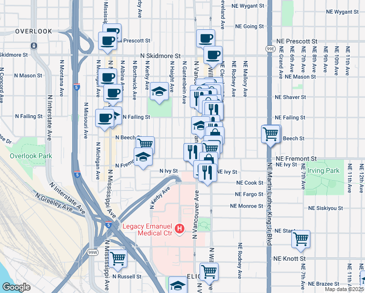 map of restaurants, bars, coffee shops, grocery stores, and more near in Portland