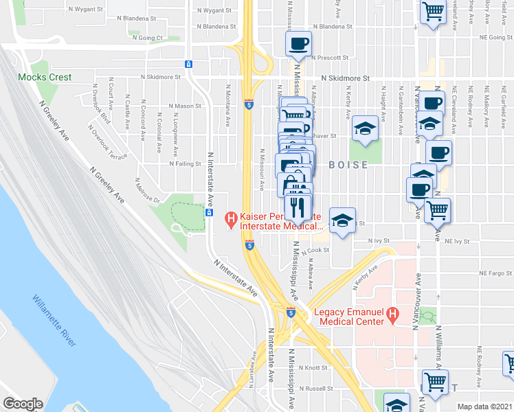 map of restaurants, bars, coffee shops, grocery stores, and more near 3618 North Missouri Avenue in Portland