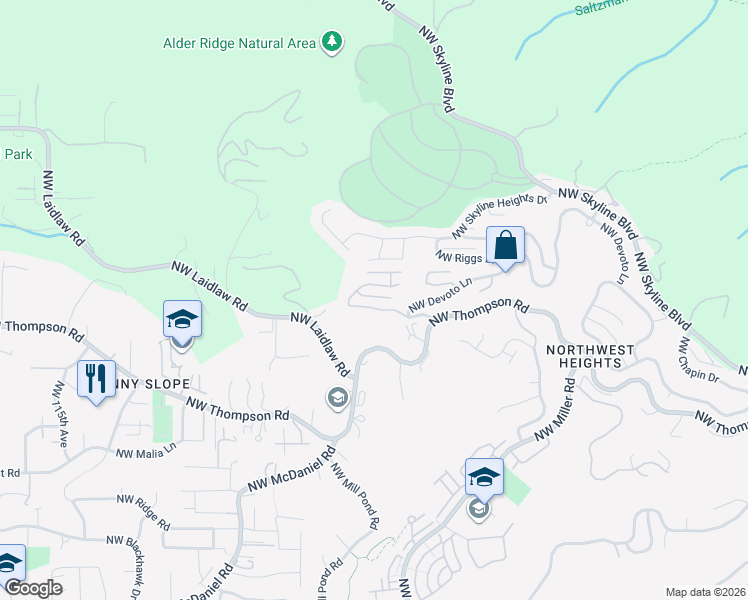 map of restaurants, bars, coffee shops, grocery stores, and more near 10135 Northwest Langworthy Terrace in Portland