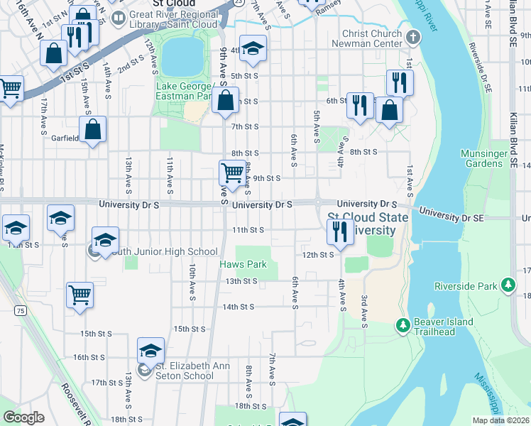 map of restaurants, bars, coffee shops, grocery stores, and more near 1009 7th Avenue South in St. Cloud
