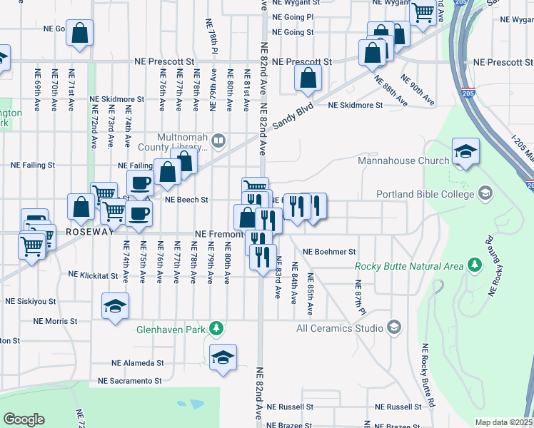map of restaurants, bars, coffee shops, grocery stores, and more near 3610 Northeast 82nd Avenue in Portland
