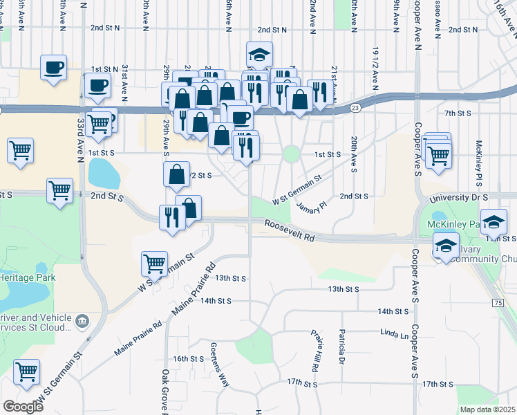 map of restaurants, bars, coffee shops, grocery stores, and more near 2400 West Street Germain Street in St. Cloud
