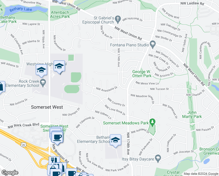 map of restaurants, bars, coffee shops, grocery stores, and more near 4064 Northwest 176th Avenue in Portland