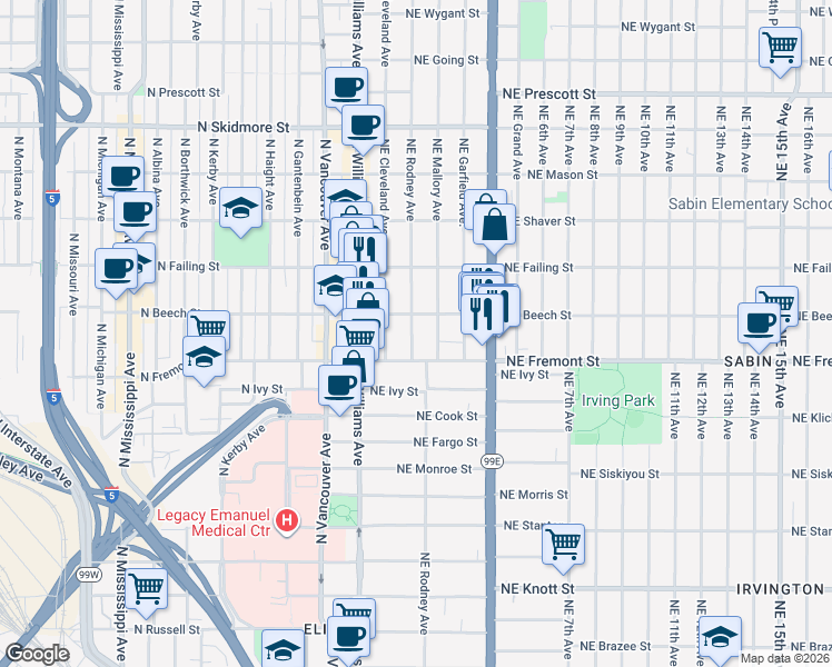 map of restaurants, bars, coffee shops, grocery stores, and more near 3616 Northeast Rodney Avenue in Portland