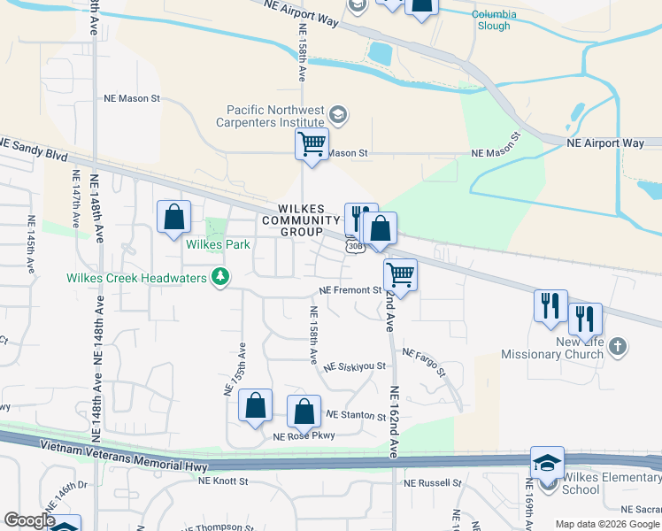 map of restaurants, bars, coffee shops, grocery stores, and more near 15920 Northeast Sandy Boulevard in Portland