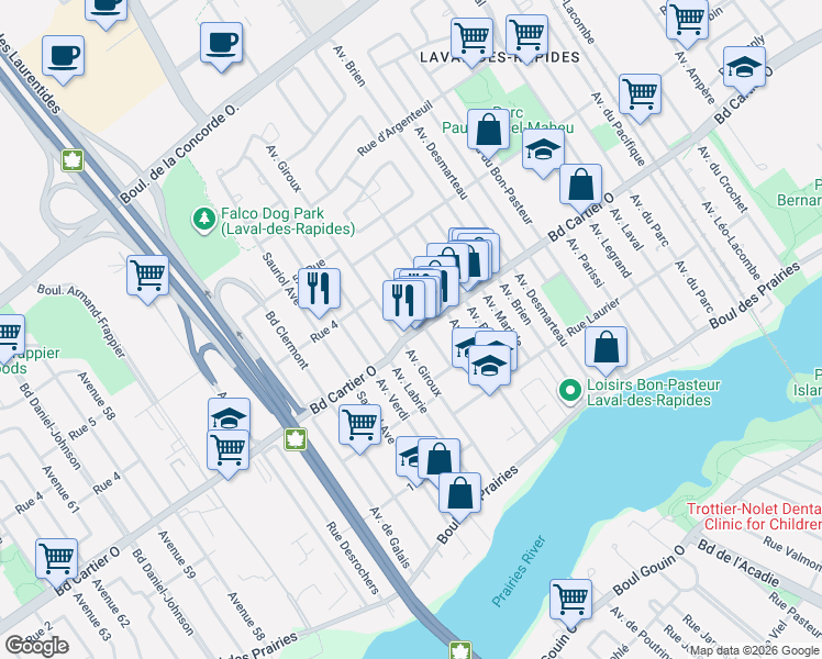 map of restaurants, bars, coffee shops, grocery stores, and more near 439 Boulevard Cartier Ouest in Laval