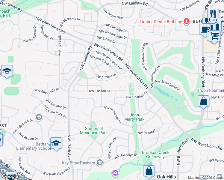 map of restaurants, bars, coffee shops, grocery stores, and more near 4073 Northwest Kino Springs PIace in Beaverton