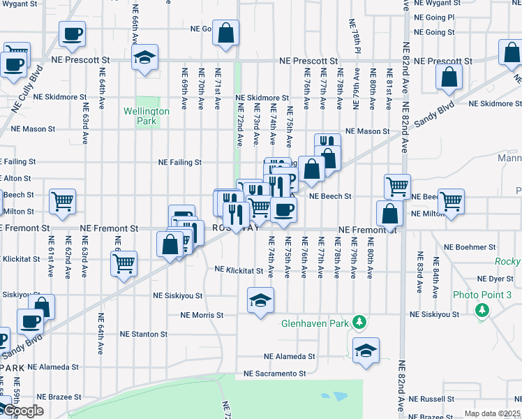 map of restaurants, bars, coffee shops, grocery stores, and more near 7327 Northeast Sandy Boulevard in Portland