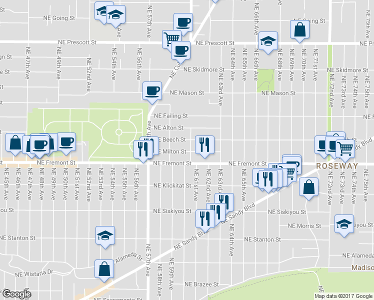 map of restaurants, bars, coffee shops, grocery stores, and more near 6021 Northeast Milton Street in Portland