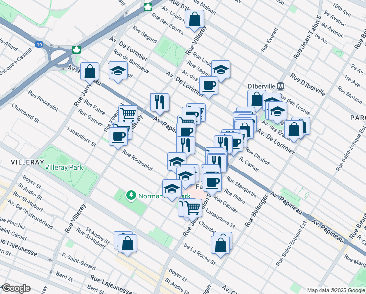 map of restaurants, bars, coffee shops, grocery stores, and more near 1655 Rue Everett in Montreal