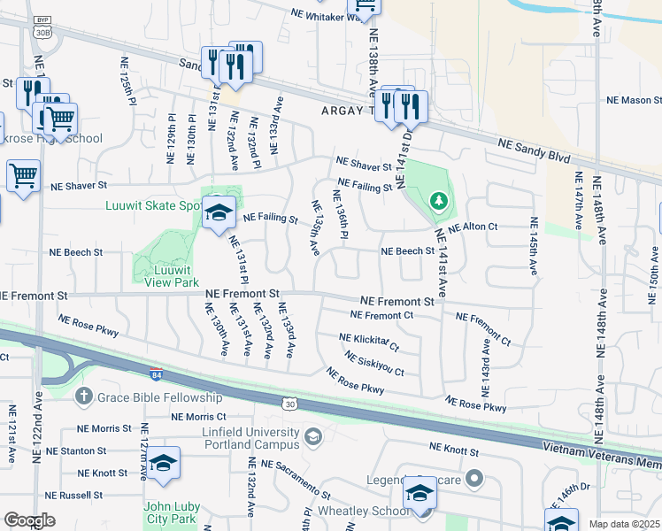 map of restaurants, bars, coffee shops, grocery stores, and more near 3621 Northeast 136th Avenue in Portland